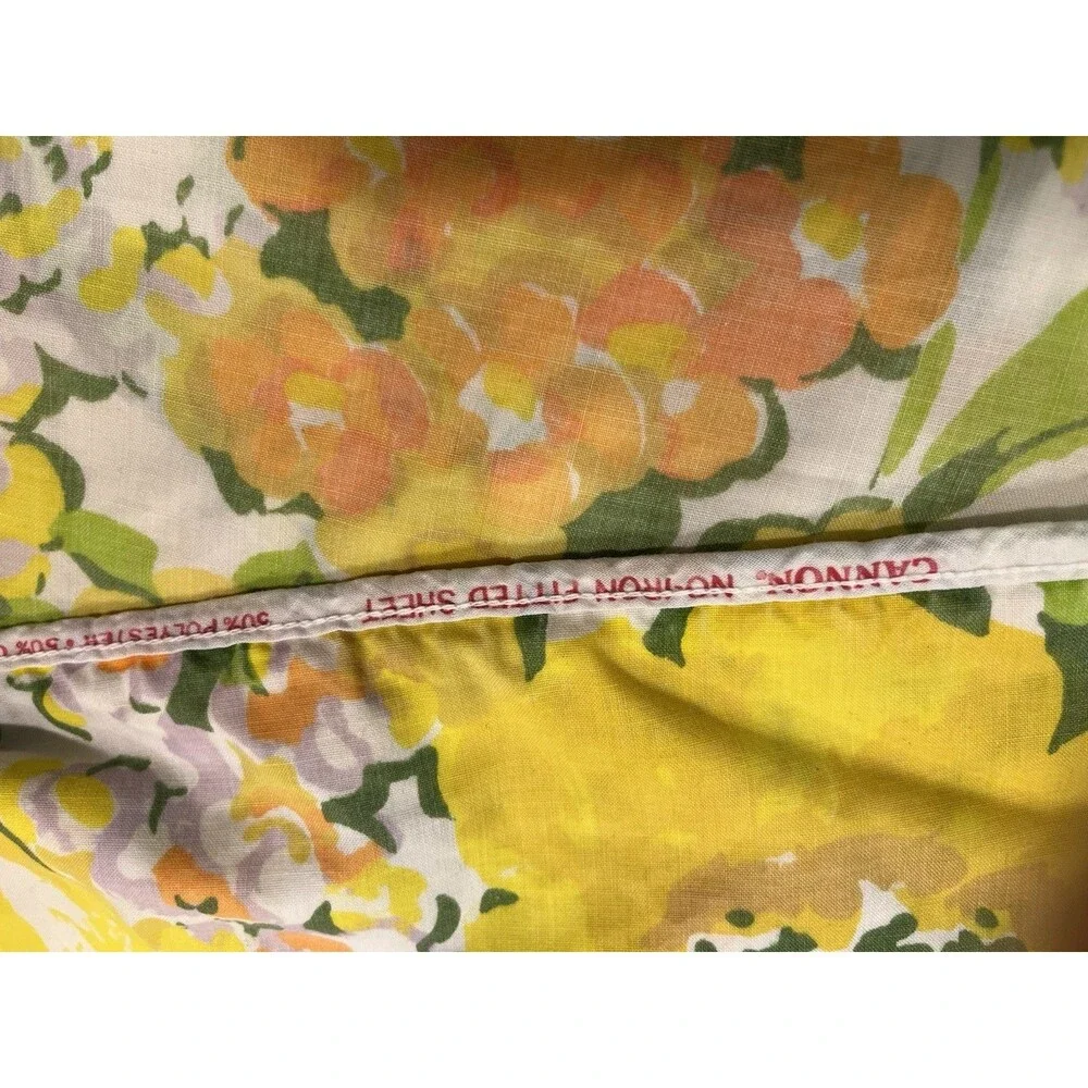 VTG Cannon No Iron Full Fitted Sheet 70s Tulips Floral Orange Yellow Green Craft